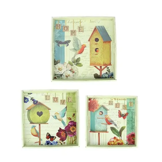 White & Mustard Yellow Birdhouse Garden Theme Square Serving Tray Set {1}