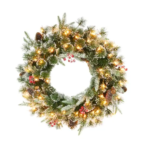 24" Pre-Lit Pine, Cones & Red Berries Wreath {1}