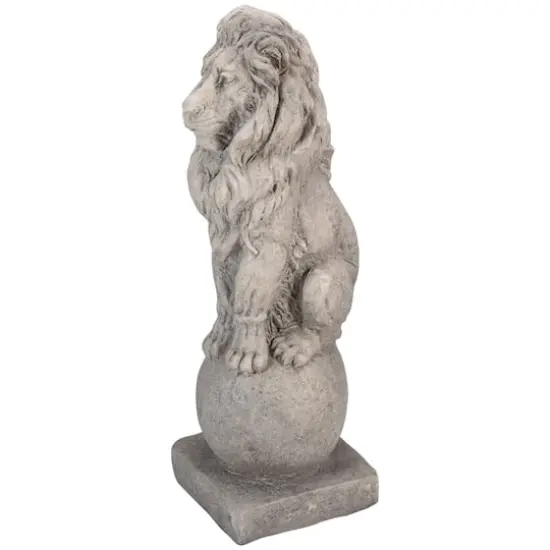 18" Lion Sitting on Ball Pedestal Outdoor Garden Statue {5}