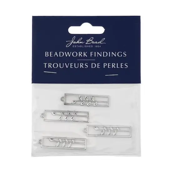 John Bead Silver Rectangle with Leaves Pendants, 4ct. {4}