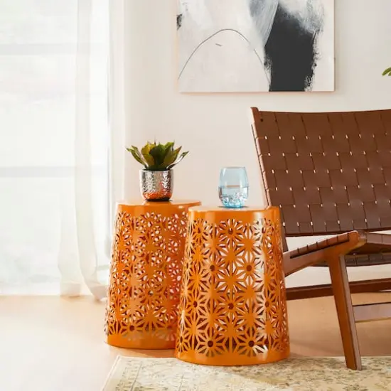 Glitzhome&reg; 17.5" Iron Geometric Pattern Solar Garden Stool Set Orange {6}