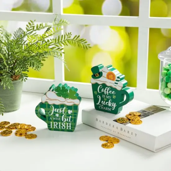 Glitzhome&reg; 5.25" Wooden St. Patrick's Coffee Cup Table D&eacute;cor Set {3}
