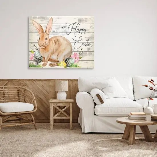 Stupell Industries Spring Floral Happy Easter Bunny Canvas Wall Art {3}