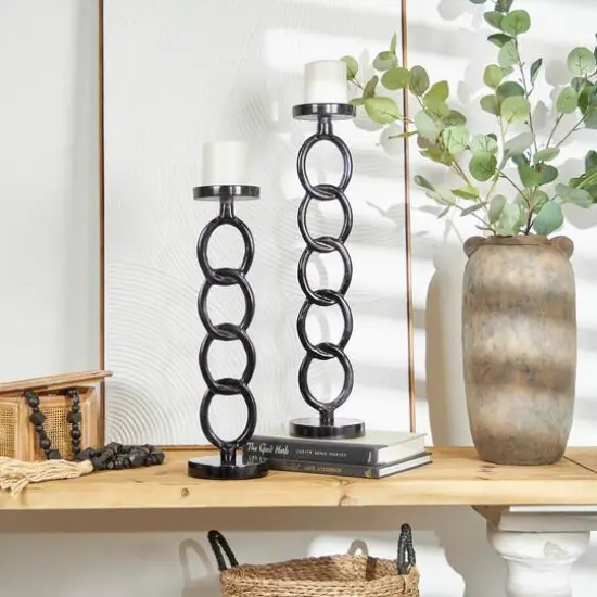 Dark Gray Metal Chain Link Geometric Candle Holder Set {7}