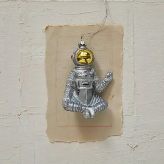 Hello Honey® 4.75" Silver & Gold Finish Glass Sitting Astronaut Ornament with Peace Sign & Glitter Design {3}