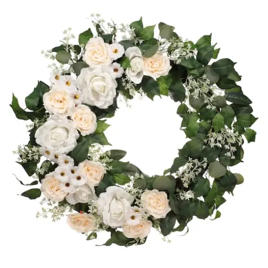 30" Spring Cream Rose, Baby's Breath & Camellia Wreath {1}