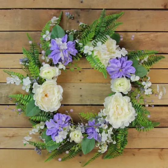 22" Purple & White Peony & Daisy Assorted Foliage Artificial Spring Wreath {4}