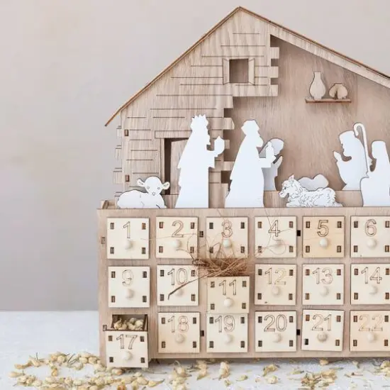 Hello Honey&reg; 13.5" Wood Laser-Cut Nativity Advent Calendar with LED Light & Drawers {4}