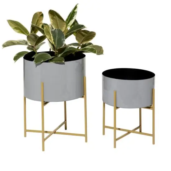 Gray Metal Contemporary Planter with Gold Legs Set {1}