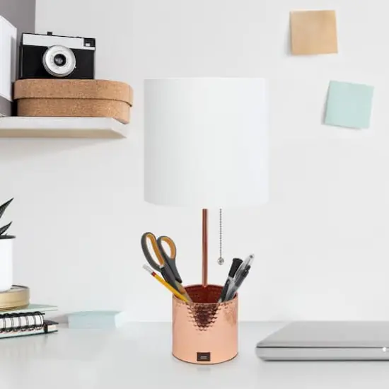 Simple Designs 18.5" Hammered Metal Container Base Table Lamp with USB Charging Port White/Rose Gold {5}