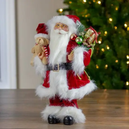 16" Traditional Standing Santa Claus with Teddy Bear & Gift Bag {7}