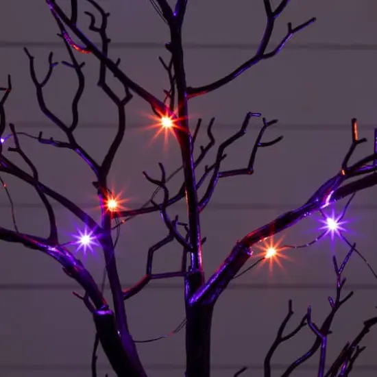 2ft. Pre-Lit Artificial Halloween Black Spooky Twig Tree with Bats and 40 Orange & Purple LED Lights {5}