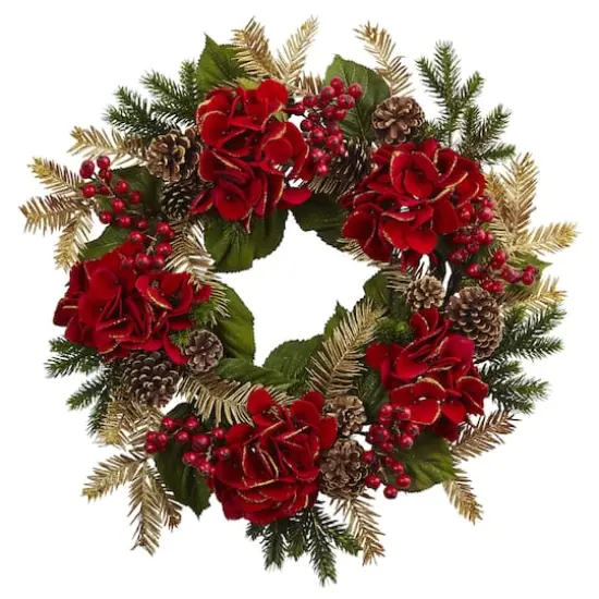 24" Red Hydrangea Pine Wreath {1}