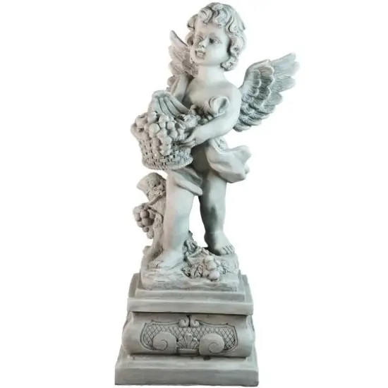 28.75" Gray Cherub Angel Standing on Pedestal Holding a Fruit Basket Outdoor Garden Statue {1}