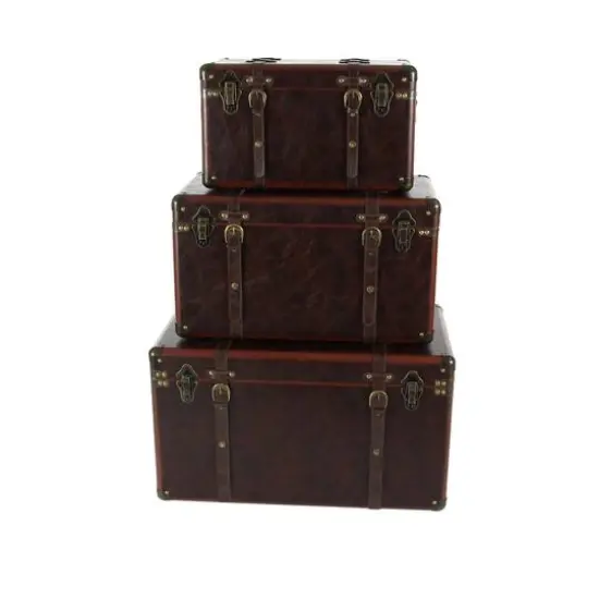 Set of 3" Brown Leather Traditional Trunk, 19", 24", 27" {6}