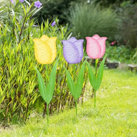 Glitzhome&reg; 24" Easter Metal Tulips Yard Stake Set {3}