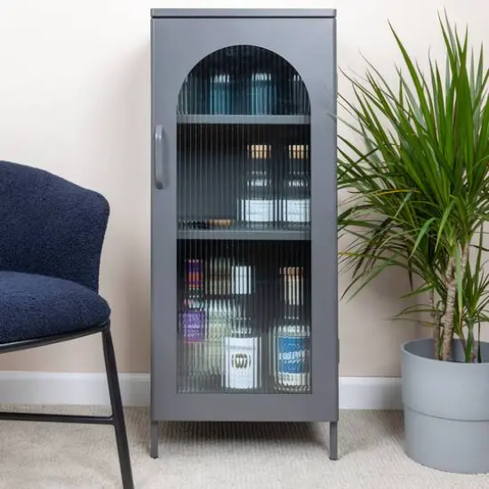 Hello Honey&reg; 40" Solstice Narrow Metal Accent Cabinet with Adjustable Storage Shelves and Arched Glass Door Gray {4}