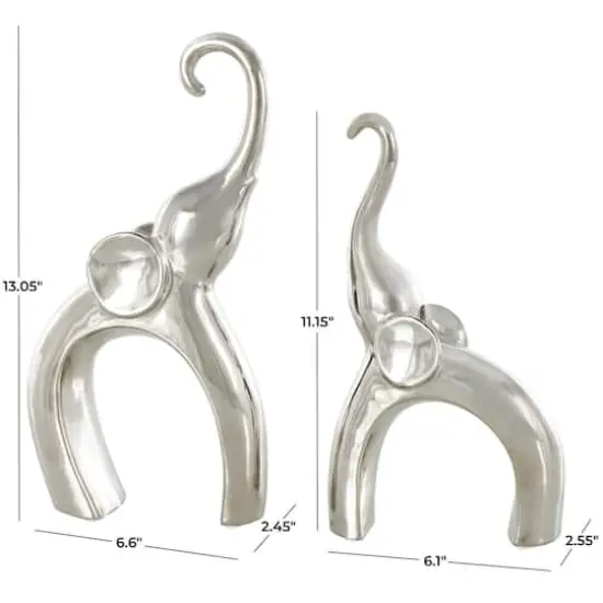 Abstract Arched Elephant Ceramic Sculpture Set Silver {5}