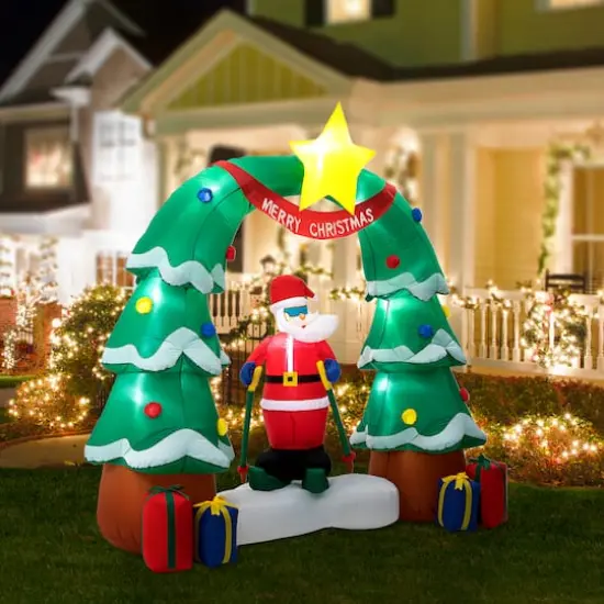 Glitzhome&reg; 7ft. LED Lighted Inflatable Santa Skiing under Tree Arch D&eacute;cor {3}