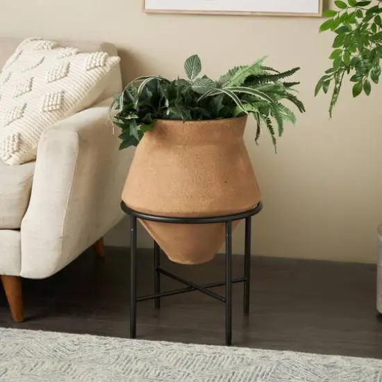 24.5" Brown Metal Wide Decorative Vase with Black Stand {3}