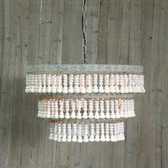 Hello Honey&reg; 20.5" Antique White 3-Tier Wood Bead Chandelier {7}