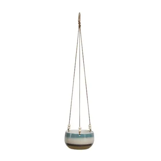 Hello Honey&reg; Blue, White & Brown Striped Stoneware Hanging Planter {1}