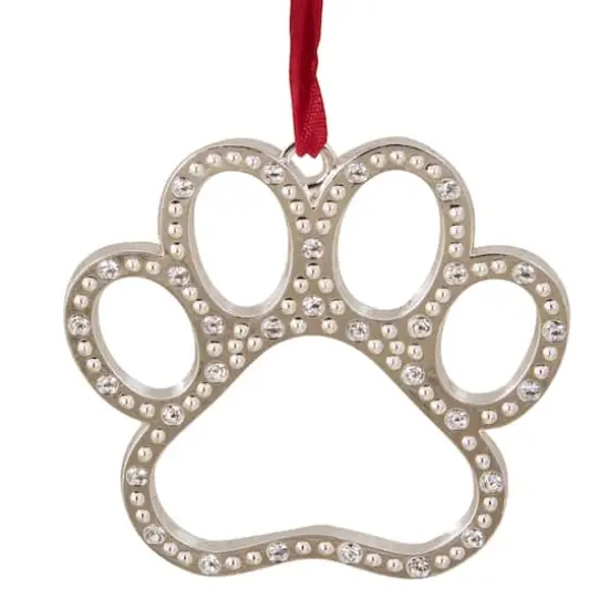 2.5" Silver & Red Paw Print with European Crystals Ornament {1}