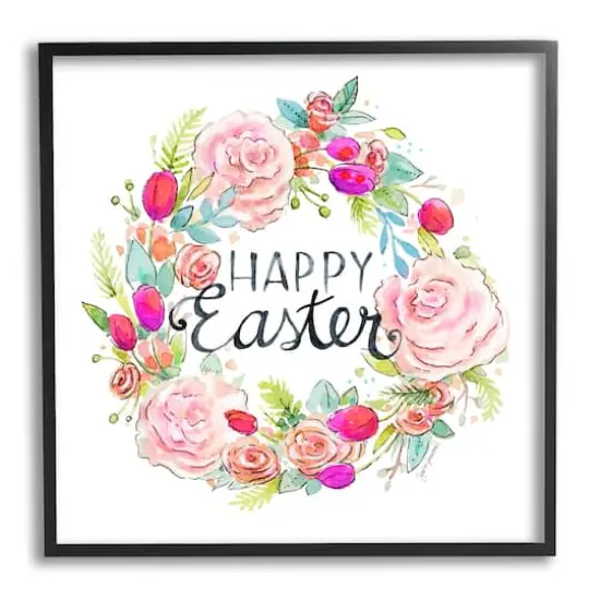 Stupell Industries Happy Easter Vivid Pink Floral Blossom Border Framed Giclee Art Black {1}