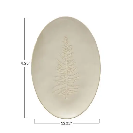 Hello Honey&reg; 12" Wide White Oval Debossed Stoneware Platter with Tree Design {4}