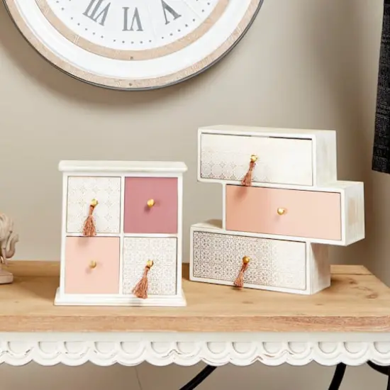 Light Brown Linen & Wood Eclectic 4-Drawer Jewelry Box {7}