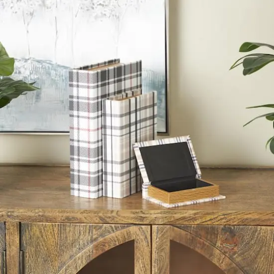 Multicolor Plaid Faux Book Storage Decorative Box Set {3}