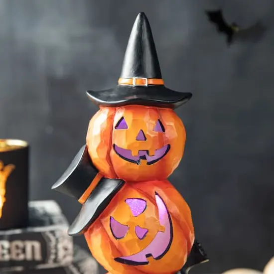 Glitzhome&reg; 14" Lighted Halloween Stacked Resin Pumpkin Table D&eacute;cor {6}