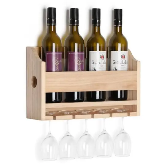 NEX&trade; Wall-Mounted Wine Rack with 5 Long Stem Glass Holder Light Brown {5}