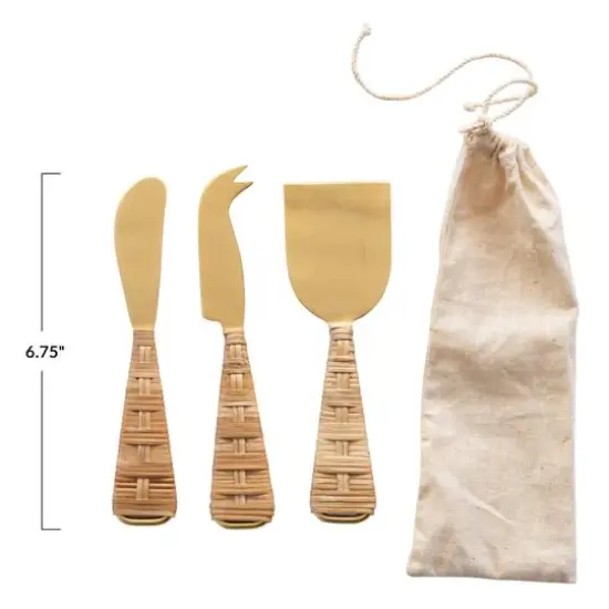 Hello Honey&reg; Gold Finish Stainless Steel Cheese Knives with Rattan Wrapped Handles Set {7}