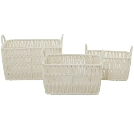 White Cotton Handmade Storage Basket with Handles Set of 3 11", 10", 9" {5}