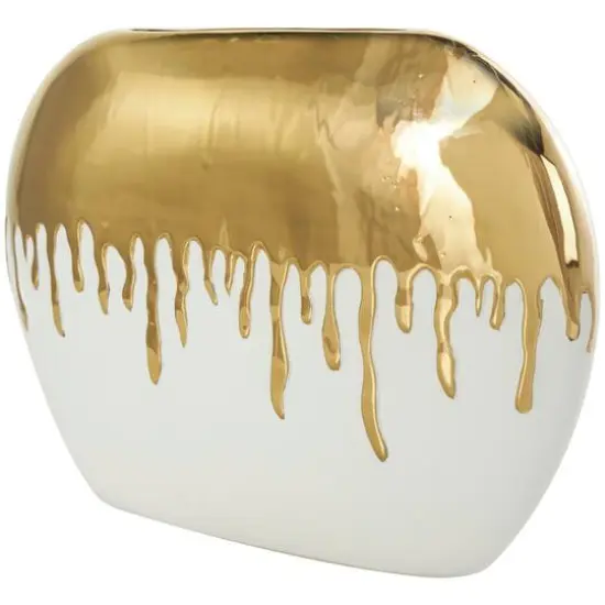 CosmoLiving by Cosmopolitan 16" White Ceramic Vase with Abstract Gold Melting Drips {4}