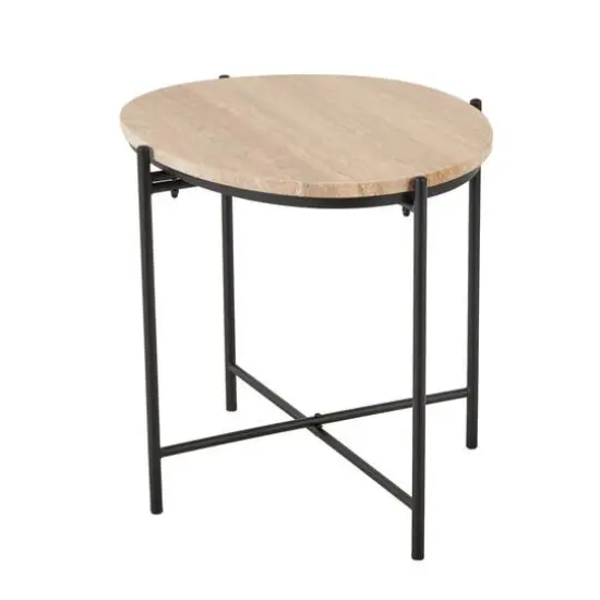 19.75" Beige Marble Accent Table with Black Metal Support {12}