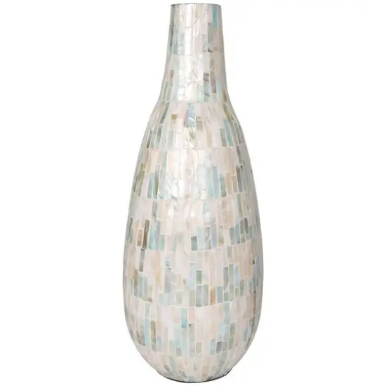 21" White Mother of Pearl Handmade Mosaic Inspired Vase with Pastel Blue and Pink Accents {9}