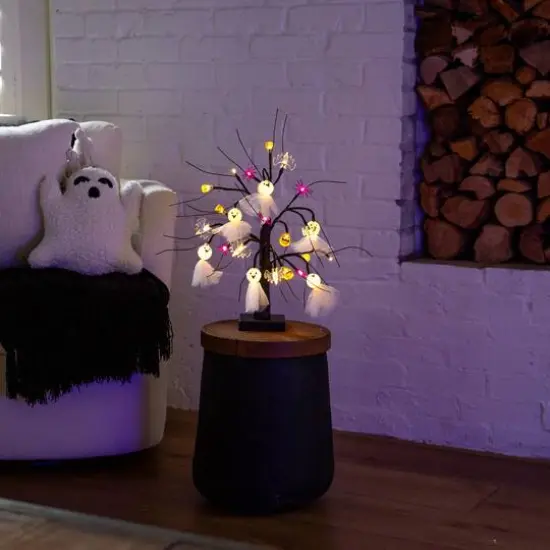 18in. Pre-Lit Artificial Halloween Ghost Dolls, Spiders, Bats & Pumpkins 24 LED Lighted Ornament Tree {10}