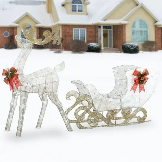 48" White Sisal Reindeer Pulling Sleigh with 140 Cool White LED Lights {3}