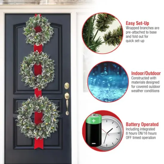 18", 22", & 26" Triple Wreath Door D&eacute;cor Piece With Warm White Twinkle LED Lights {6}