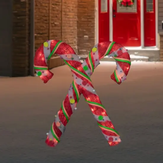 26" Red & White Lighted Sisal Double Candy Cane Outdoor Christmas D&eacute;cor {5}