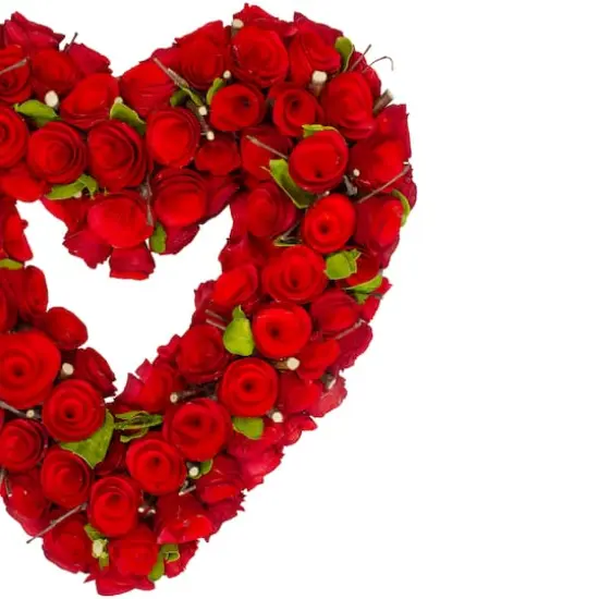 Red Wooden Rose Floral Heart Shaped Artificial Valentine's Day Wreath 14" {4}