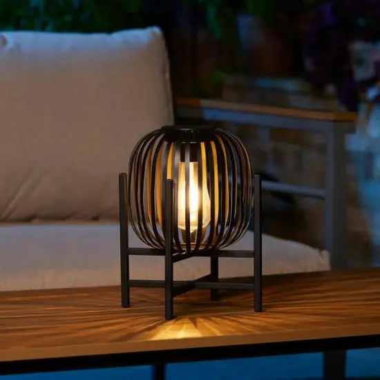 Glitzhome&reg; 11.5" Black Slim Metal Stripes Solar Powered Edison Bulb Outdoor Lantern {6}