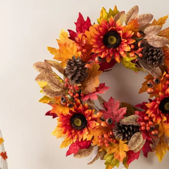 Glitzhome&reg; 24" Fall Sunflower, Pinecone and Berry Wreath {5}