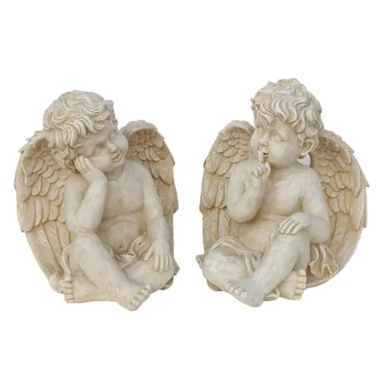 13" Ivory Weathered Pensive Sitting Cherub Angel Outdoor Garden Statues {1}