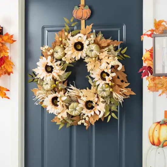 Glitzhome&reg; 24" Fall Neutral Sunflower, Pumpkin and Leaf Wreath {3}