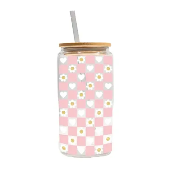 16oz. Pink Daisy and Heart Check Glass Can Cup {1}