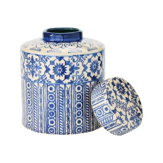 Hello Honey&reg; 10" Blue & Cream Pattern Stoneware Ginger Jar {4}