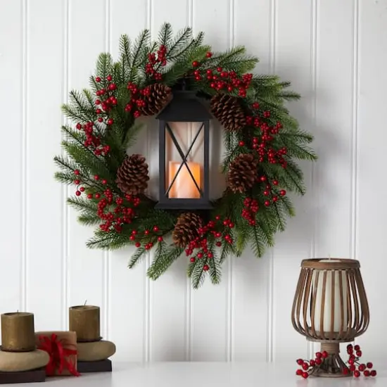 28" Berries & Pine Christmas Wreath with Lantern & Included LED Candle {4}